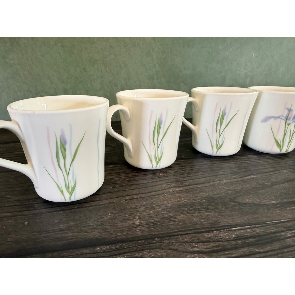Vintage Corning Corelle Iris Mugs Set of 6 White Floral Purple Flower USA Made